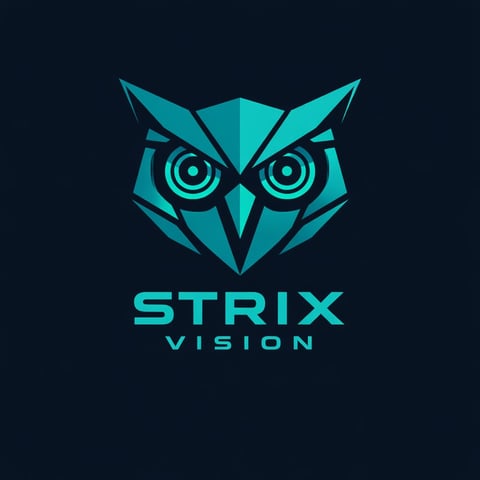 Strix Vision logo featuring a geometric turquoise owl face with piercing eyes on dark background